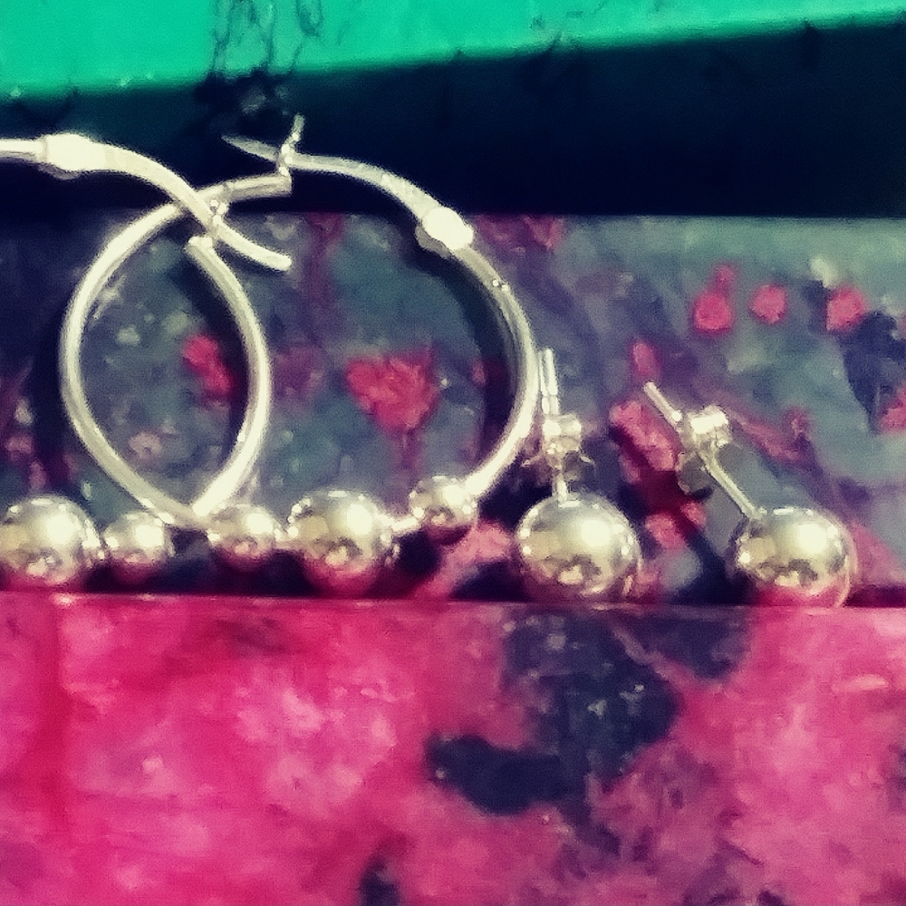 👉2-PAIR FOR 1- PRICE👈 STERLING EARRINGS.  1-1/4" HOOPS & 1- PAIR- 8MM. STUD.